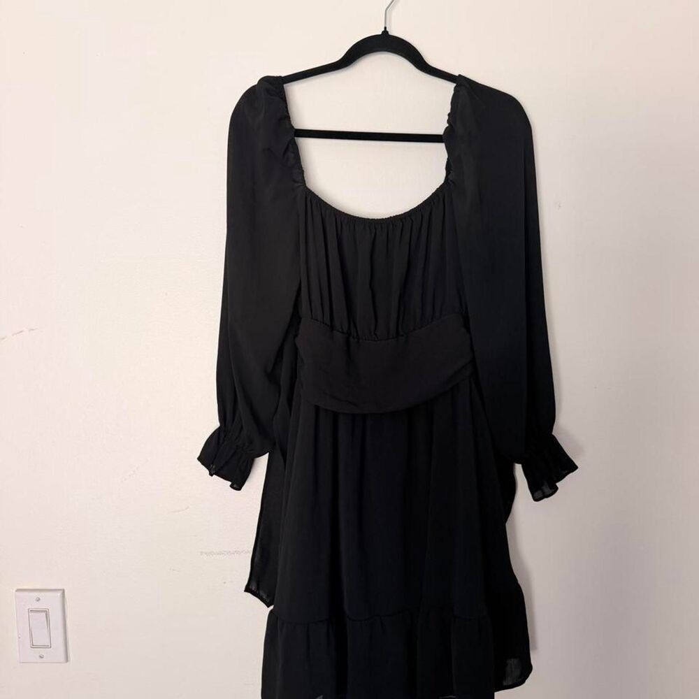 Boho black peasant tie-back smocked waist mini dress with ruffle hem, XL